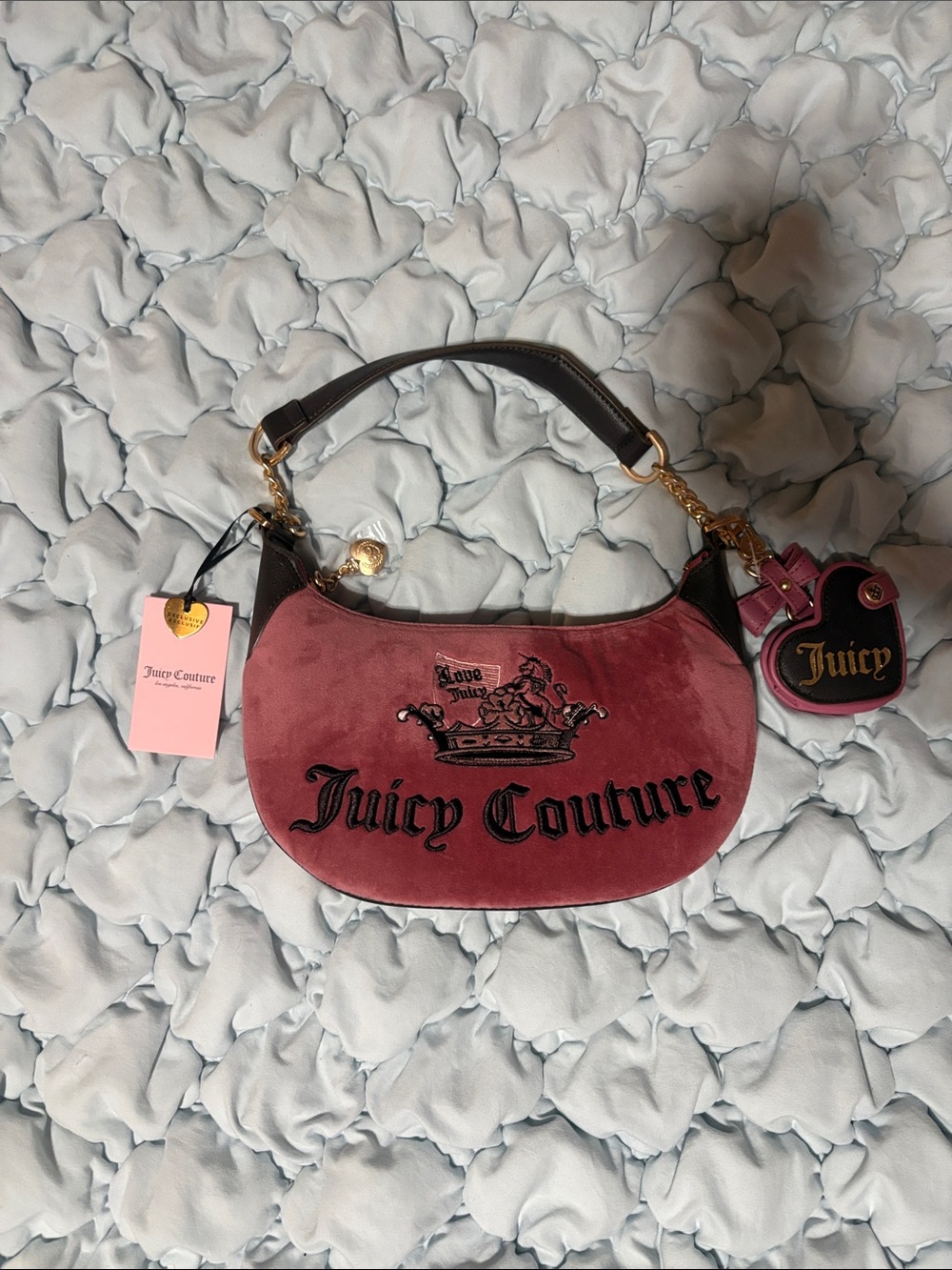 Juicy Couture Rose Velvet Shoulder Bag with Gold Hardware